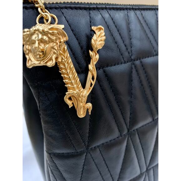 VERSACE Virtus V Bag Black Shoulder Crossbody Clutch Quilted Strap Authentic NEW - Picture 3 of 15